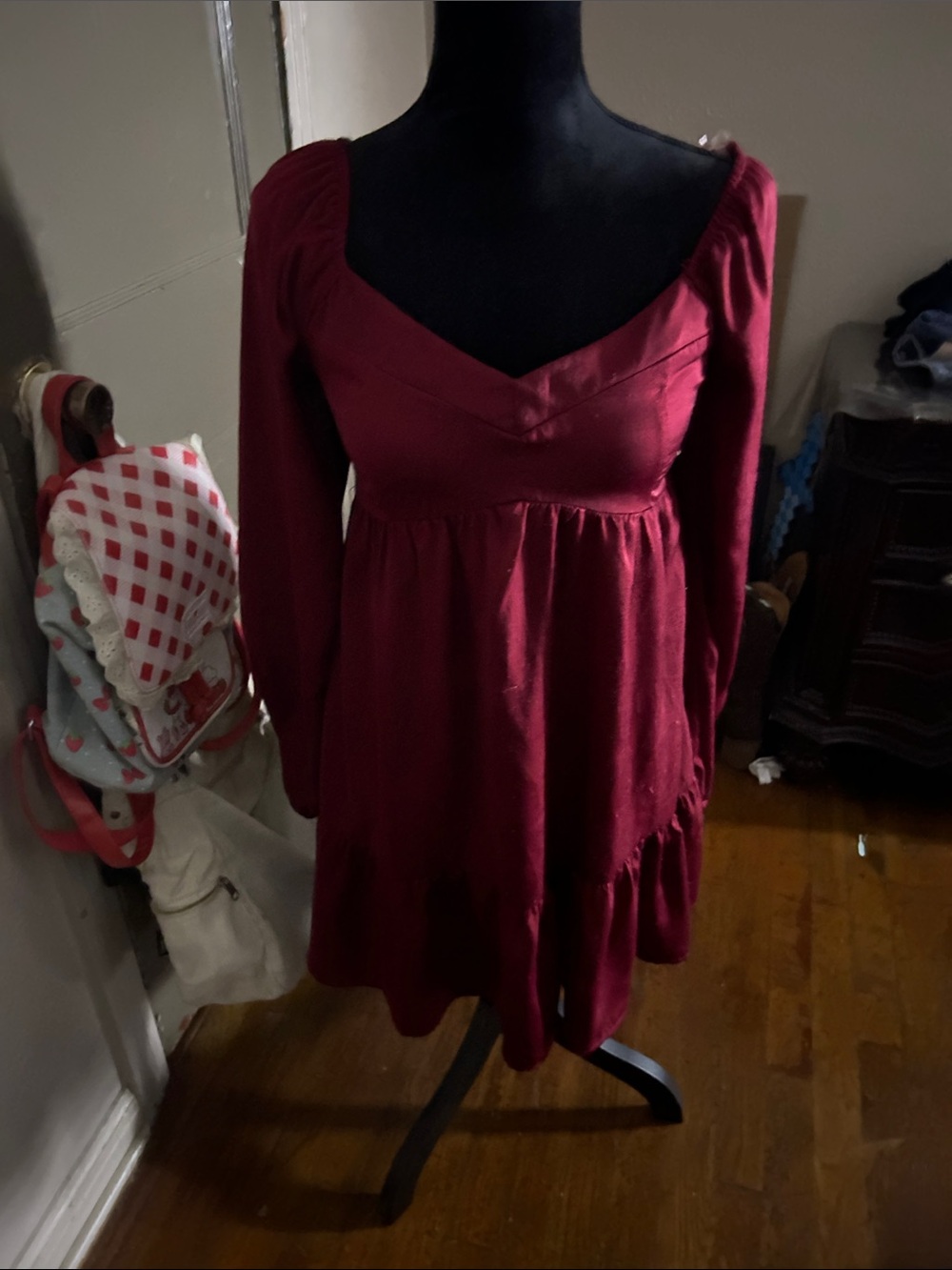 Deep Red Long Sleeve Empire Waist Dress